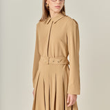Pleated Collared Long Sleeve Midi Dress