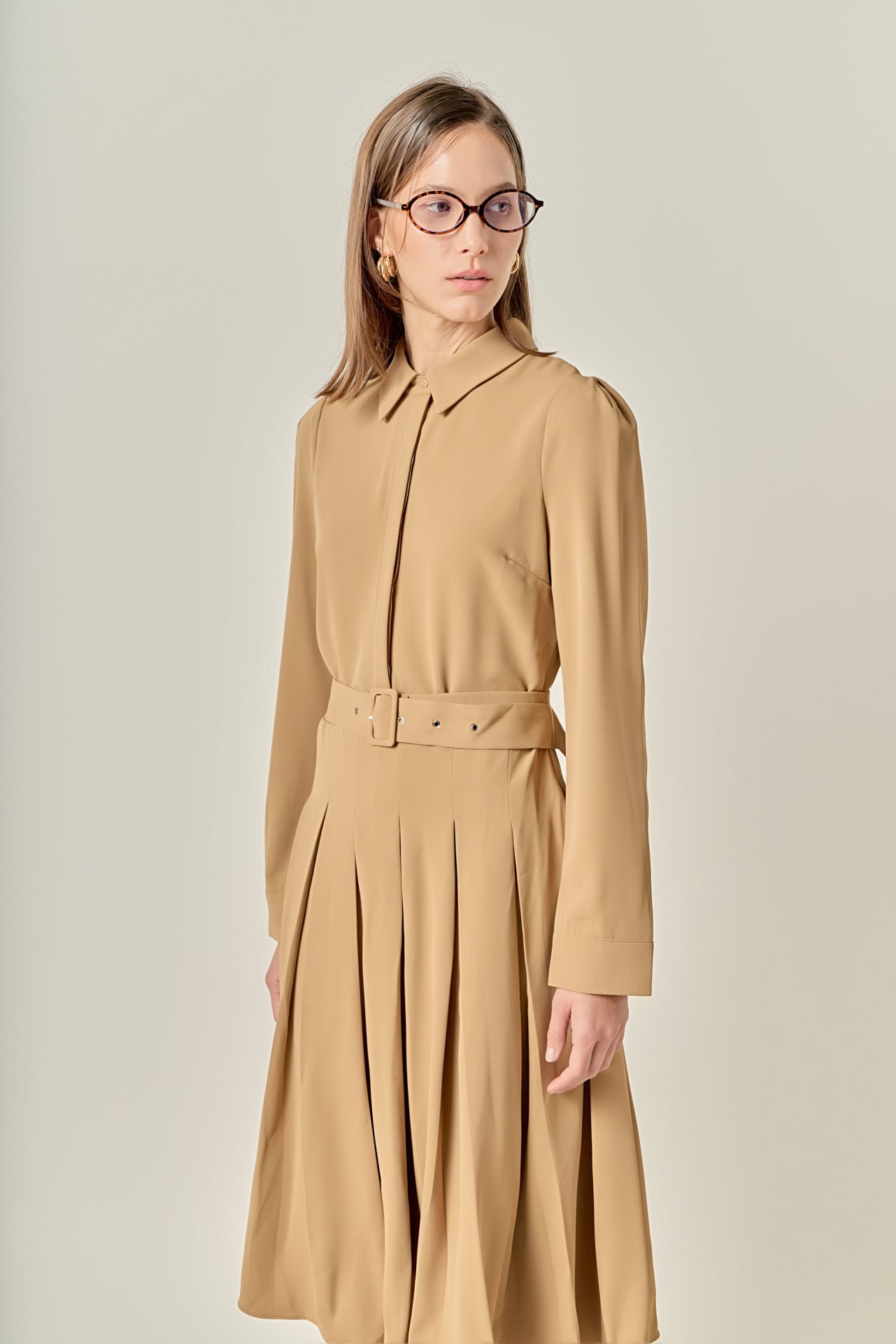 English Factory - Pleated Collared Long Sleeve Midi Dress CAMEL / S English Factory - Pleated Collared Long Sleeve Midi Dress CAMEL / S