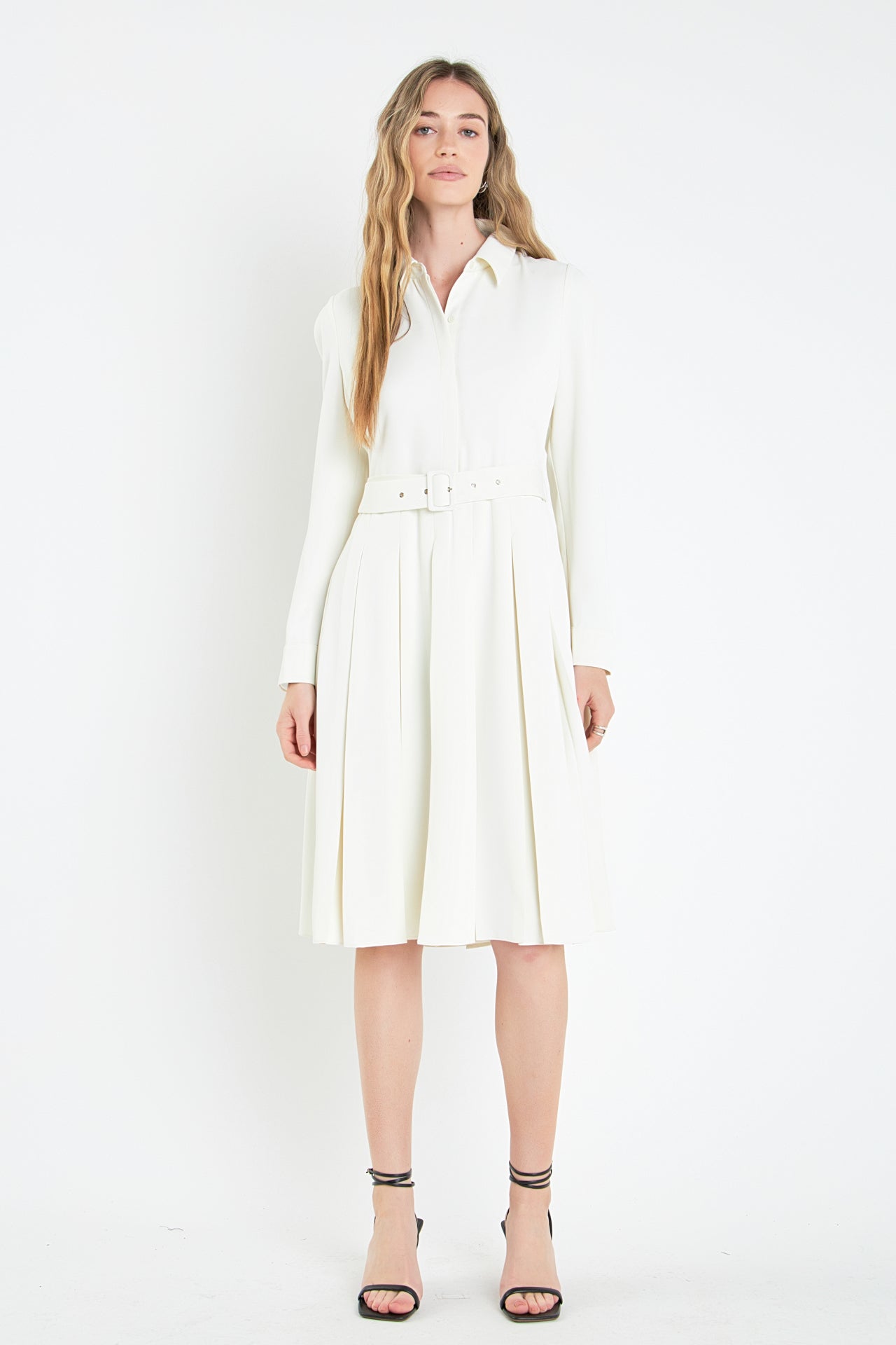 Pleated Collared Long Sleeve Midi Dress – English Factory Pleated Collared Long Sleeve Midi Dress – English Factory