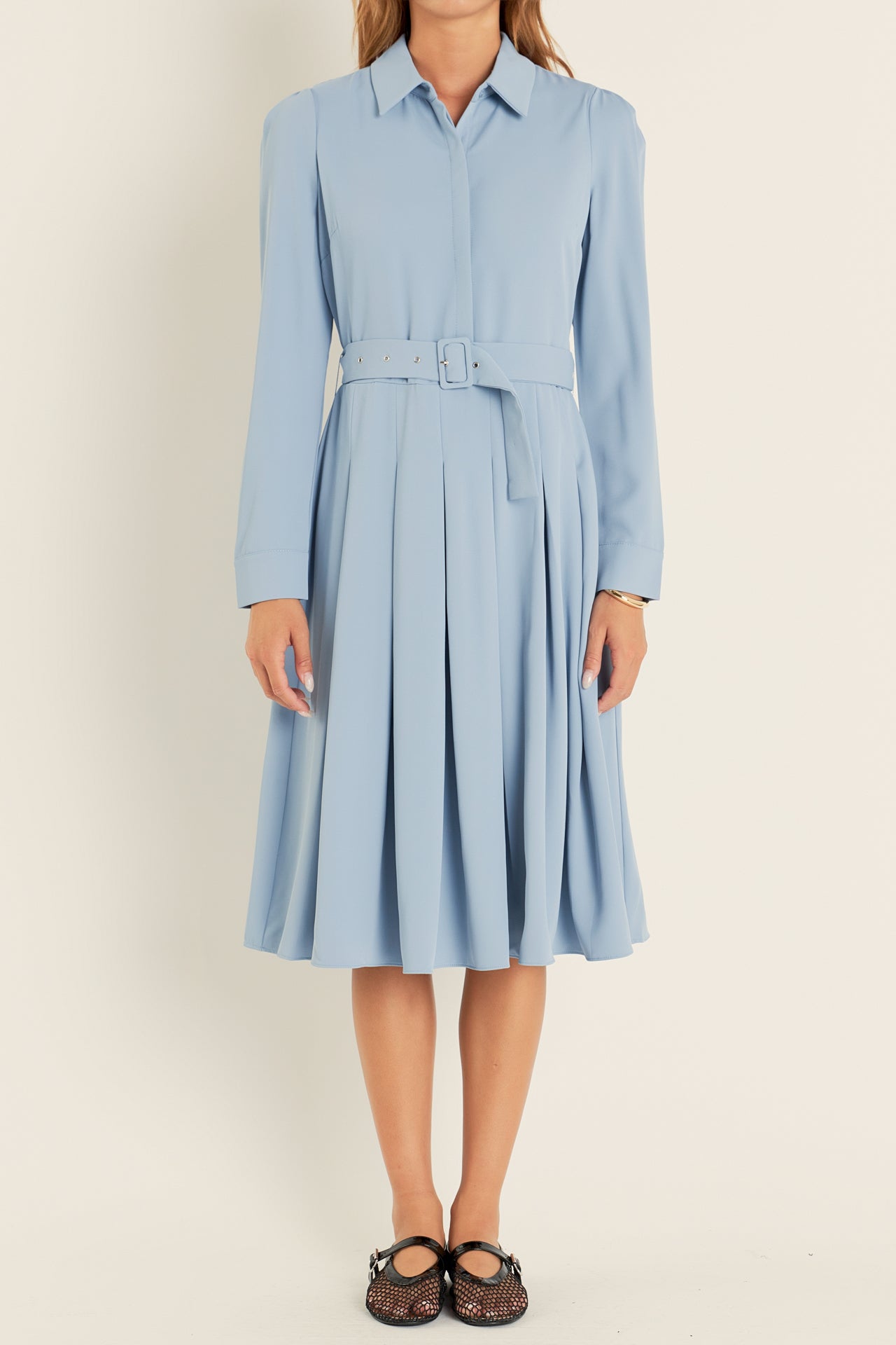 pleated midi dress long sleeve Pleated Half Button Long Sleeve Midi Dress