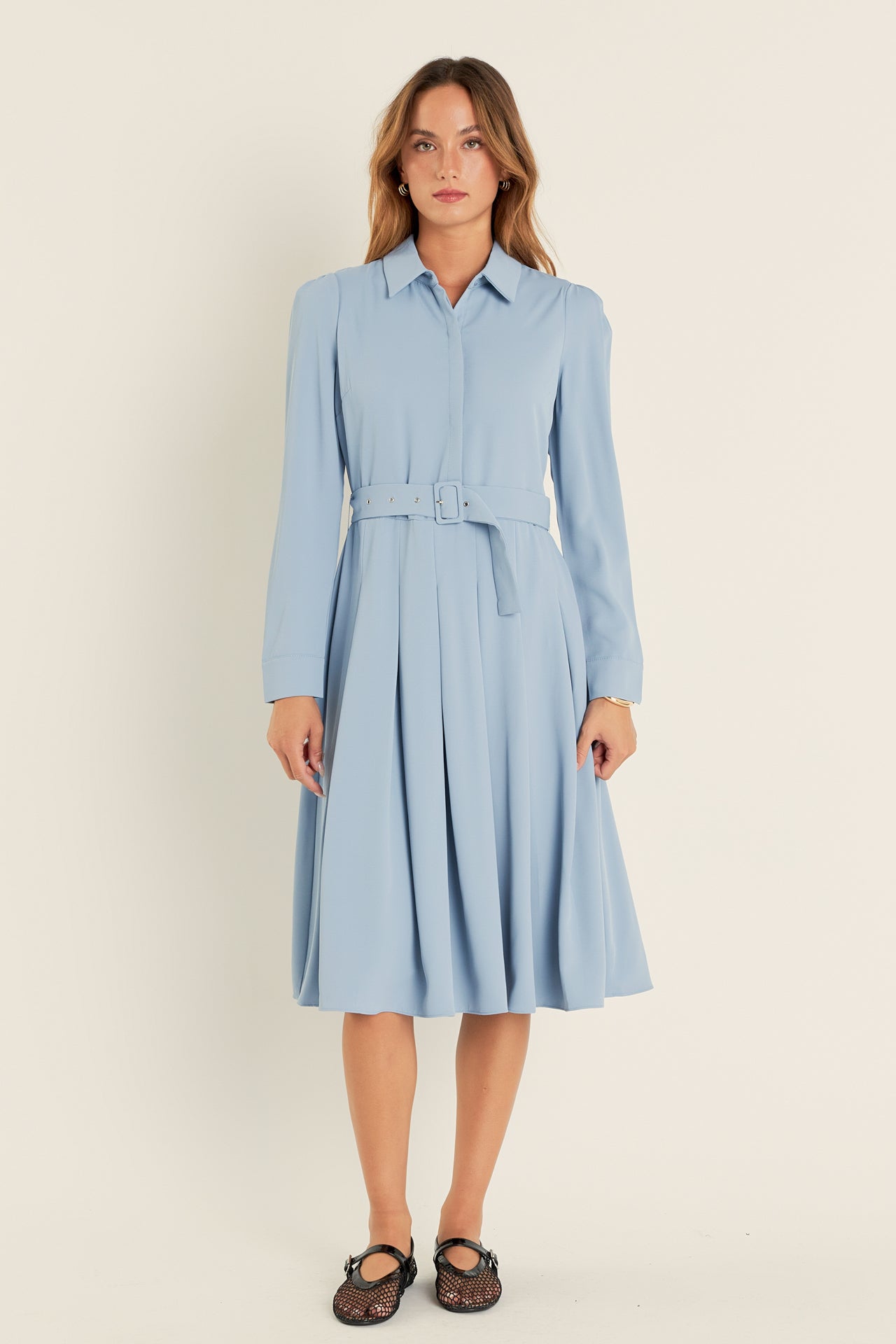 English Factory - Pleated Collared Long Sleeve Midi Dress CAMEL / XS English Factory - Pleated Collared Long Sleeve Midi Dress CAMEL / XS