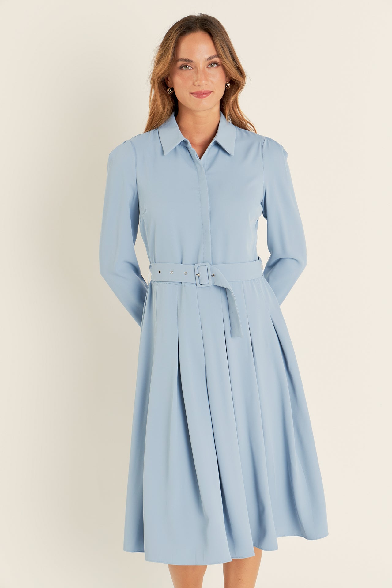 English Factory - Pleated Collared Long Sleeve Midi Dress CAMEL / S English Factory - Pleated Collared Long Sleeve Midi Dress CAMEL / S