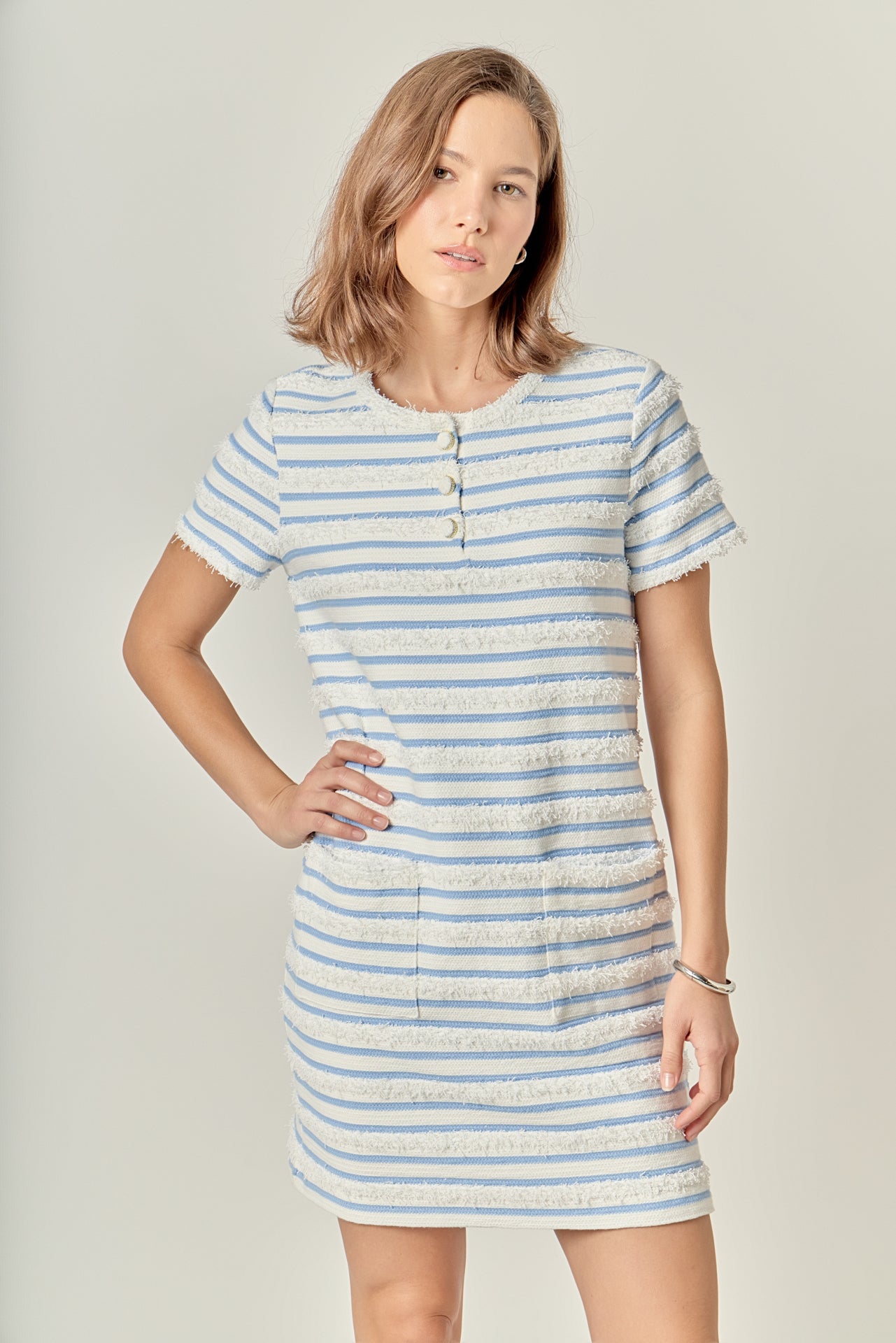 English Factory - Fringed Striped Polo Mini Dress WHITE/BLUE / S English Factory - Fringed Striped Polo Mini Dress WHITE/BLUE / S