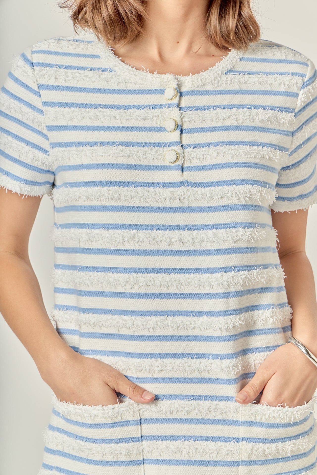 English Factory - Fringed Striped Polo Mini Dress WHITE/BLUE / S English Factory - Fringed Striped Polo Mini Dress WHITE/BLUE / S