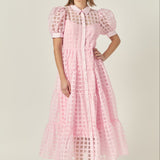 Gridded Organza Tiered Puff Sleeve Maxi Dress