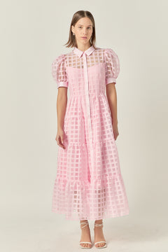 Gridded Organza Tiered Puff Sleeve Maxi Dress