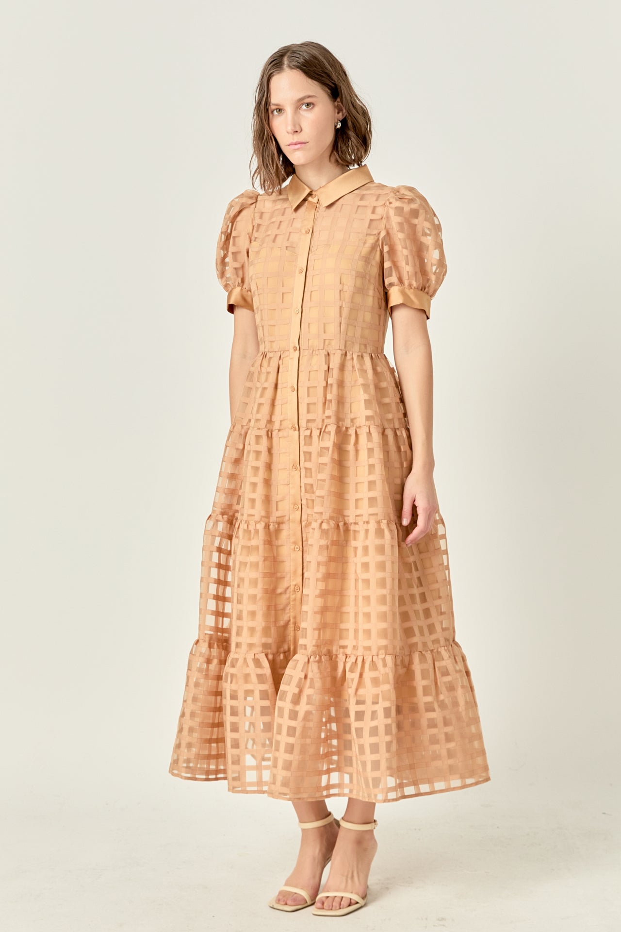 Gridded Organza Tiered Maxi Dress