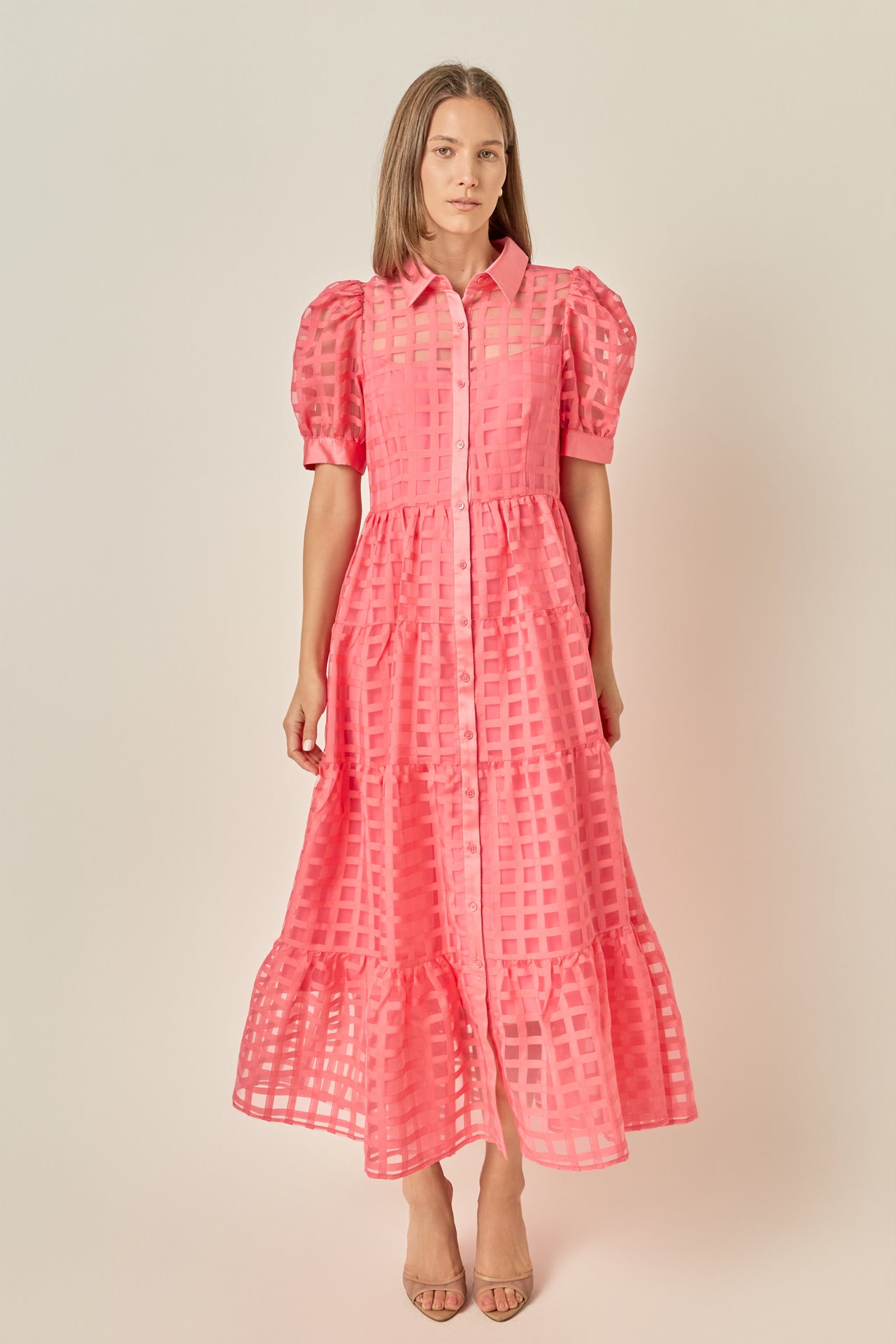 Gridded Organza Tiered Maxi Dress