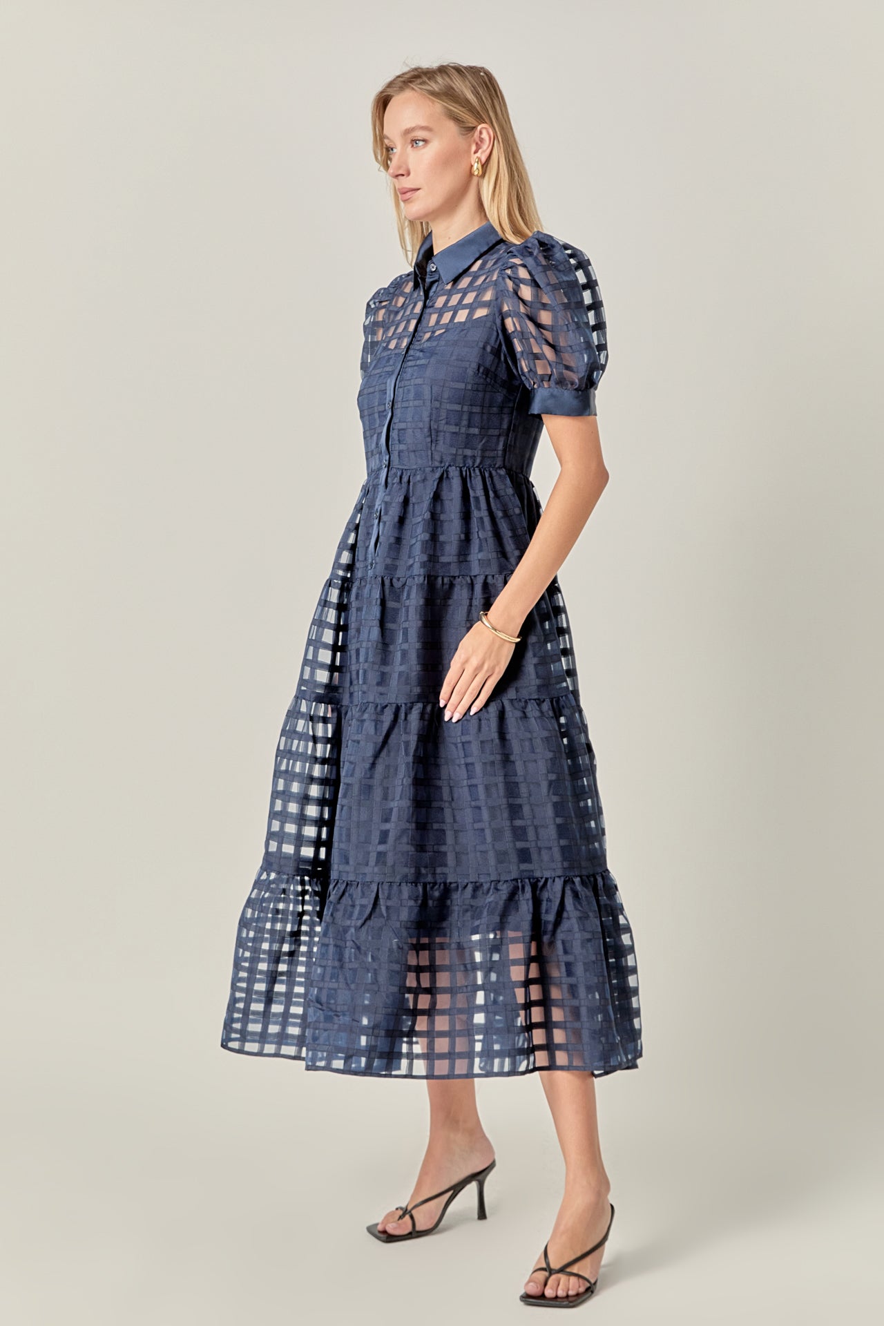 Gridded Organza Tiered Collared Maxi Dress – English Factory