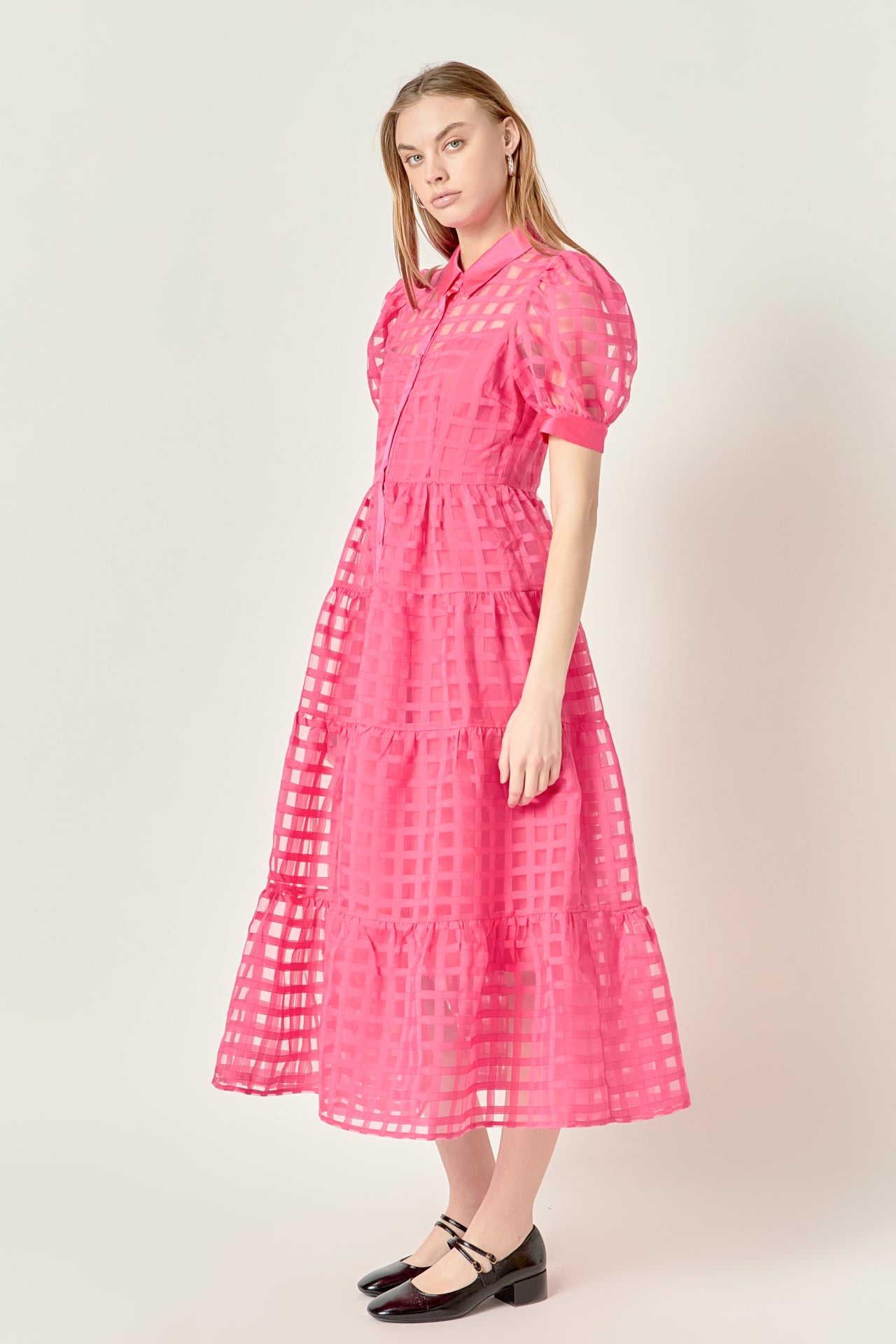 Gridded Organza Tiered Maxi Dress