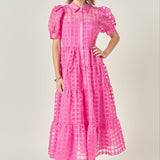 Gridded Organza Tiered Maxi Dress