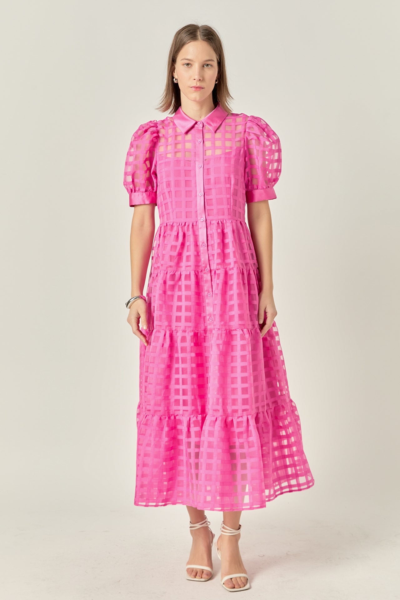 Gridded Organza Tiered Maxi Dress