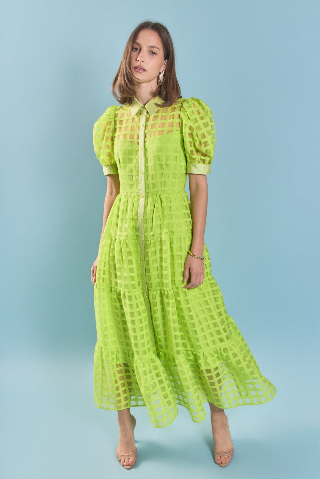 English Factory - Gridded Organza Tiered Maxi Dress CAMEL / XS English Factory - Gridded Organza Tiered Maxi Dress CAMEL / XS