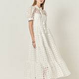 Gridded Organza Tiered Puff Sleeve Maxi Dress