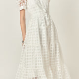 Gridded Organza Tiered Puff Sleeve Maxi Dress
