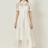 Gridded Organza Tiered Puff Sleeve Maxi Dress