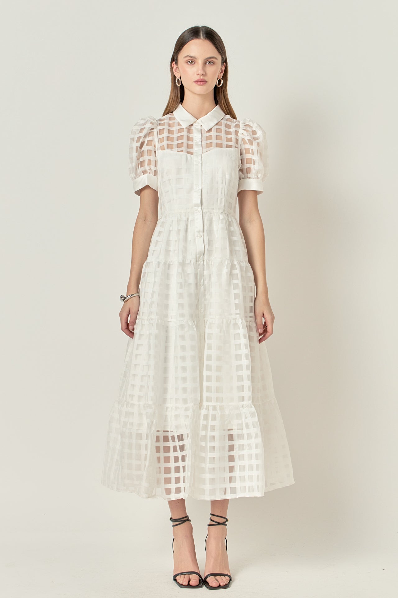 Gridded Organza Tiered Puff Sleeve Maxi Dress