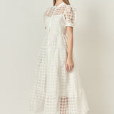 Gridded Organza Tiered Puff Sleeve Maxi Dress