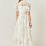 Gridded Organza Tiered Puff Sleeve Maxi Dress