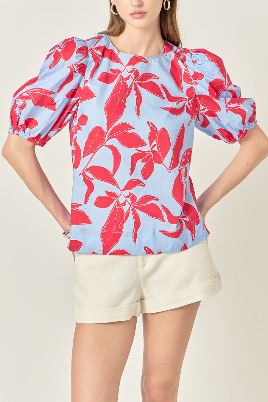Floral print 3/4 puff sleeve top main image 1