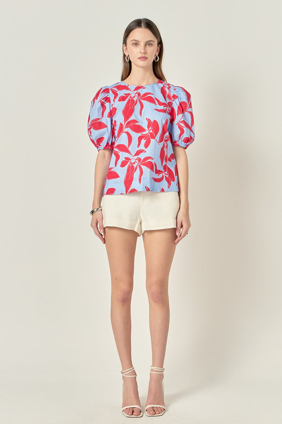 Floral Print Puff Short Sleeve Top with Accent V-Neckline