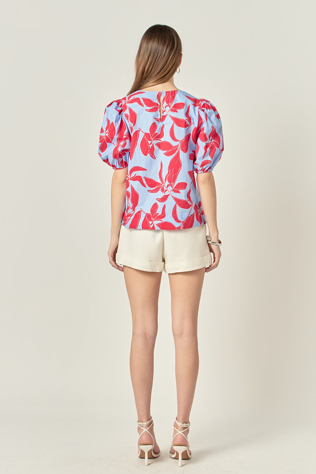 Floral Print Puff Sleeve Collared Top