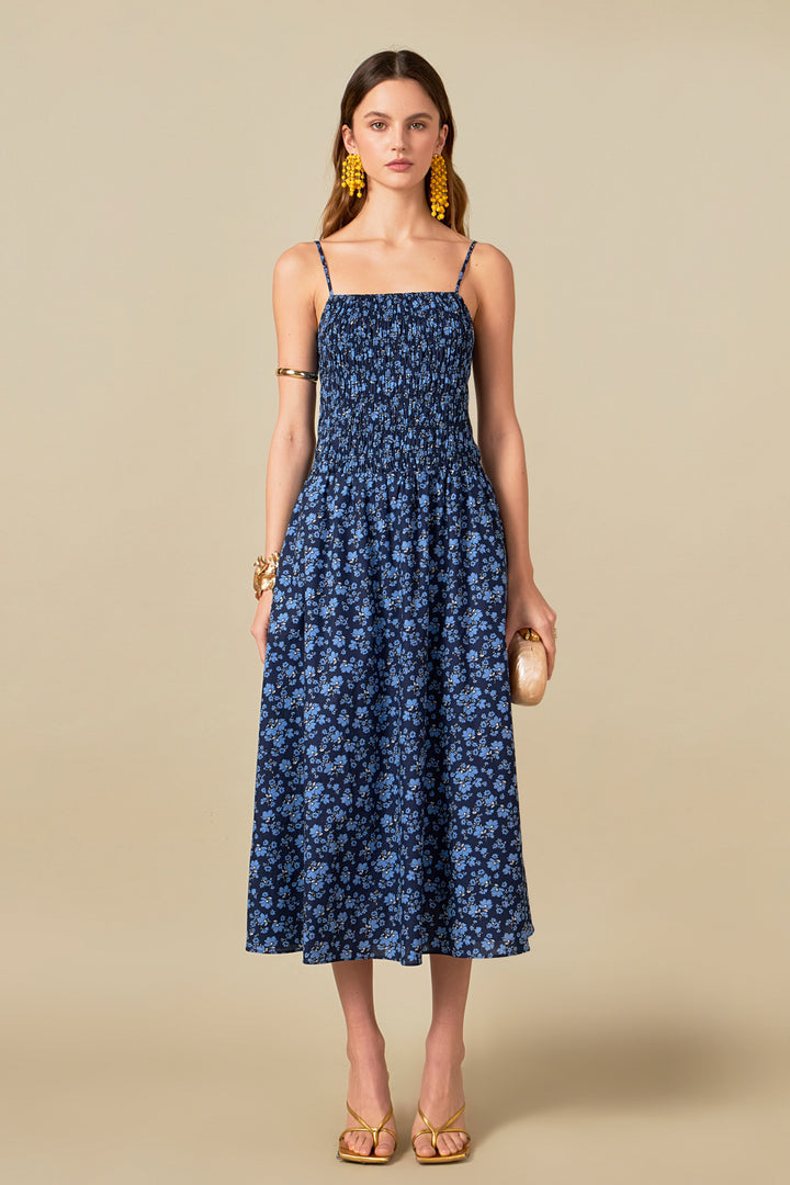 Floral Print Smocked Bodice Midi Dress