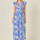 Floral Ruffle Shoulder Midi Dress