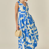 Puff Sleeve Print Ruched Midi Dress