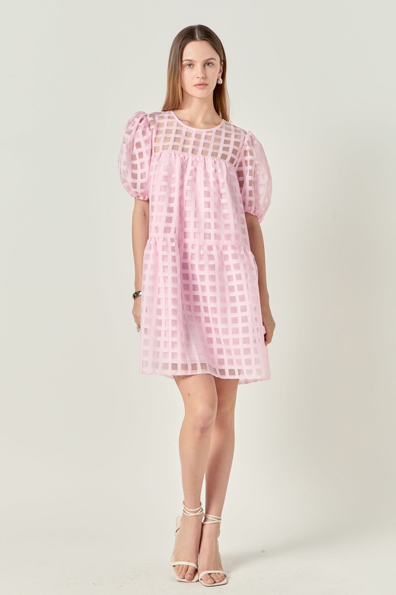 Organza Gridded Tiered Sleeveless Mini Dress English Factory Organza Gridded Tiered Sleeveless Mini Dress English Factory