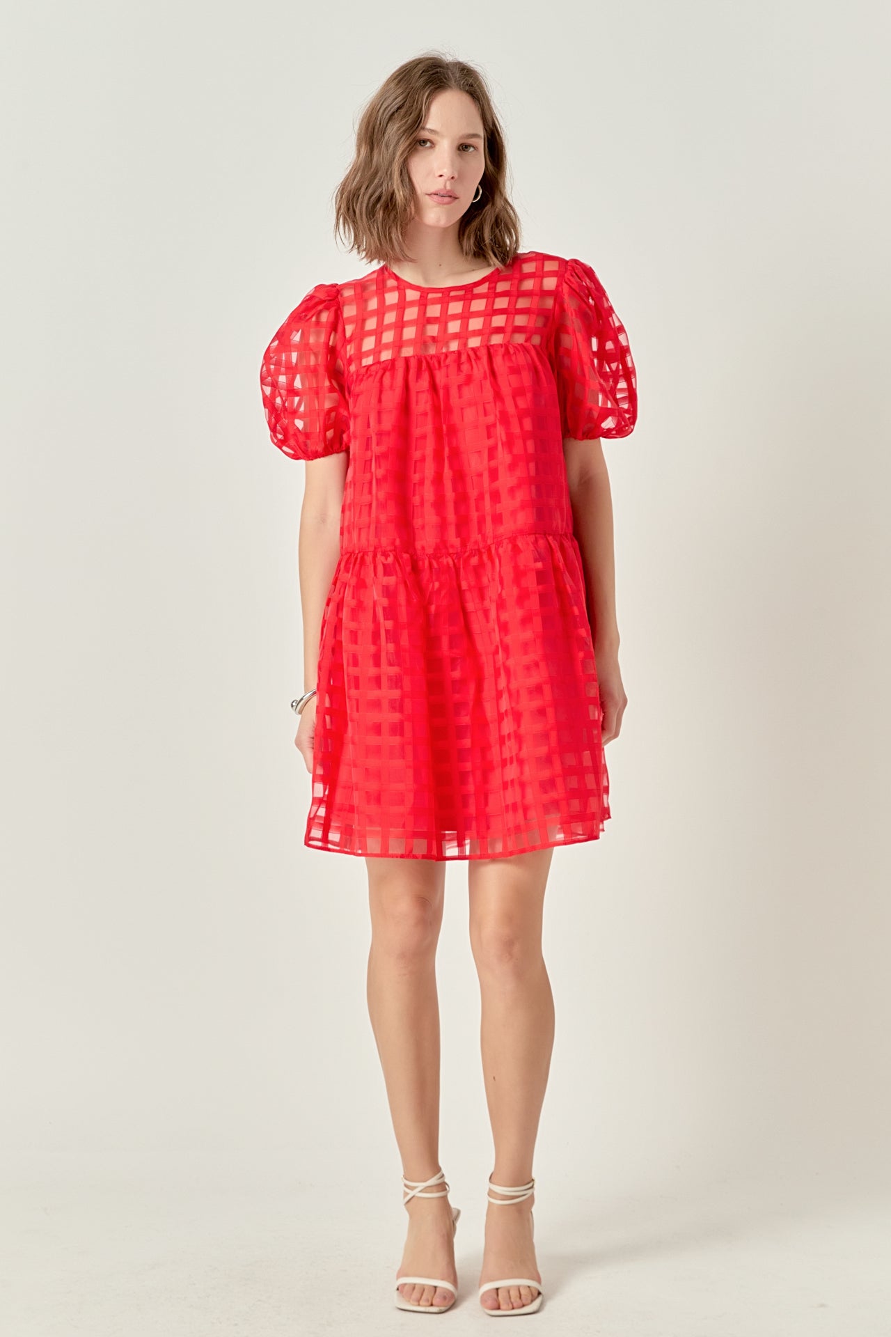 Puff Sleeve A-line Shift Mini Dress English Factory Puff Sleeve A-line Shift Mini Dress English Factory