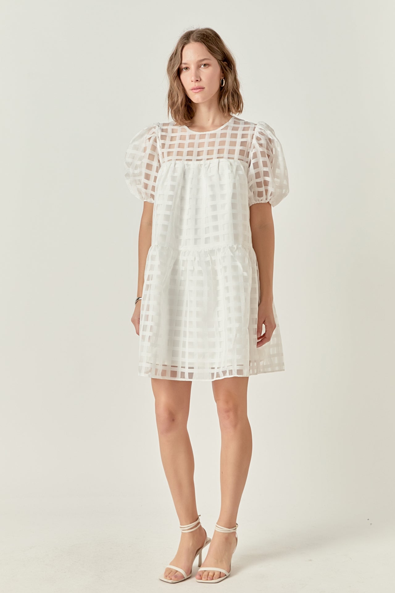 english factory flutter-sleeve sheer gridded midi dress English Factory Flutter-Sleeve Sheer Gridded Midi Dress at MarketFair Shoppes in Princeton, NJ