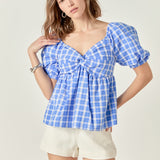 Gingham Twisted Puff Sleeve Top