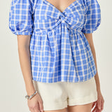 Gingham Twisted Puff Sleeve Top