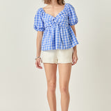 Gingham Twisted Puff Sleeve Top