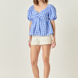 Gingham Twisted Puff Sleeve Top