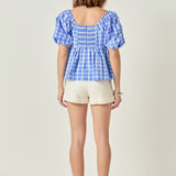 Gingham Twisted Puff Sleeve Top