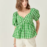 Gingham Twisted Puff Sleeve Top