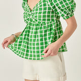 Gingham Twisted Puff Sleeve Top