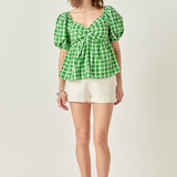 Gingham Twisted Puff Sleeve Top