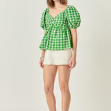 Gingham Twisted Puff Sleeve Top