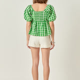 Gingham Twisted Puff Sleeve Top