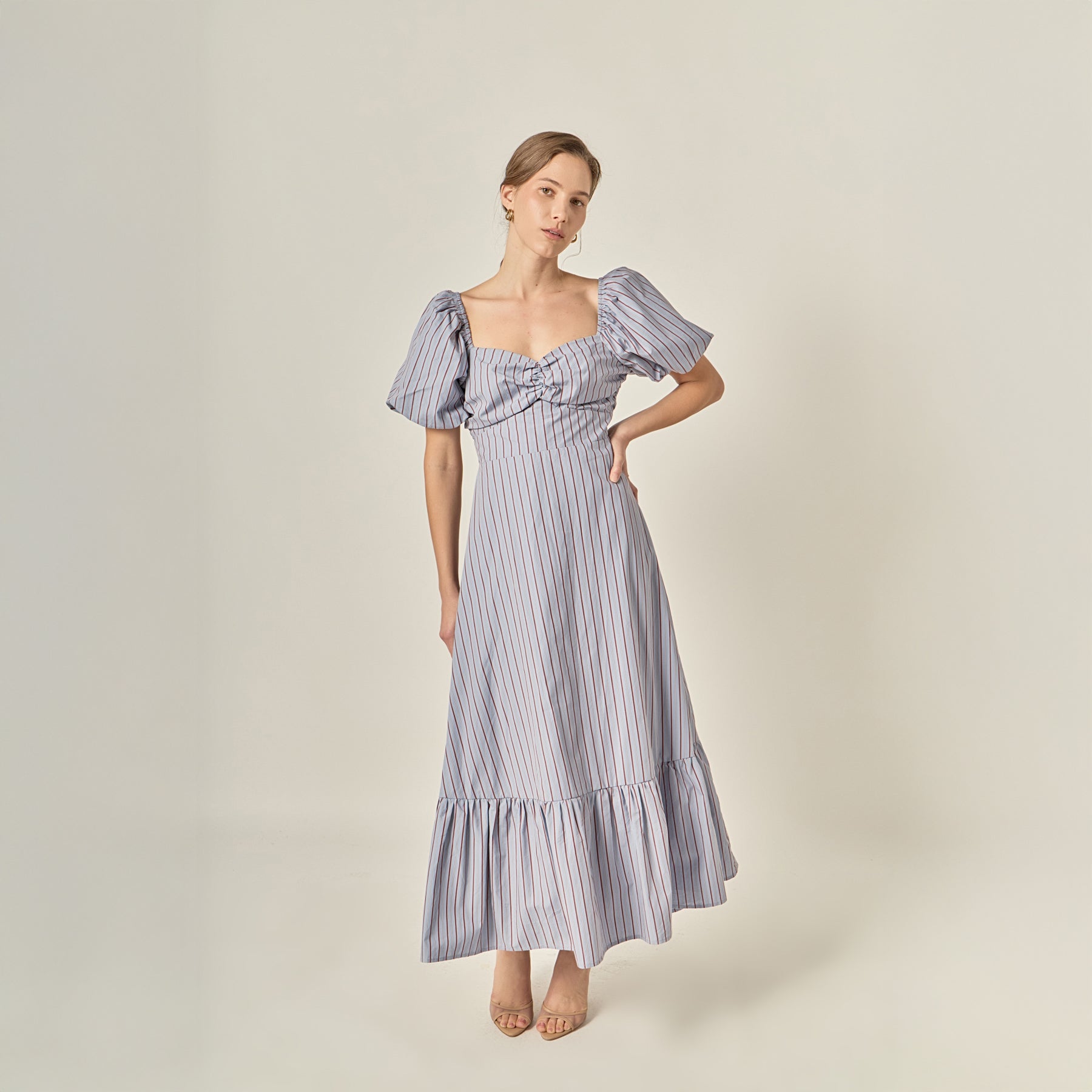 Striped Tie Back Puff Sleeve Maxi Dress