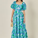 Floral Tie Back Puff Sleeve Maxi Dress