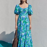 Floral Tie Back Puff Sleeve Maxi Dress