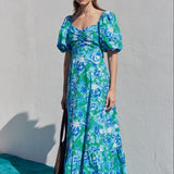 Floral Tie Back Puff Sleeve Maxi Dress