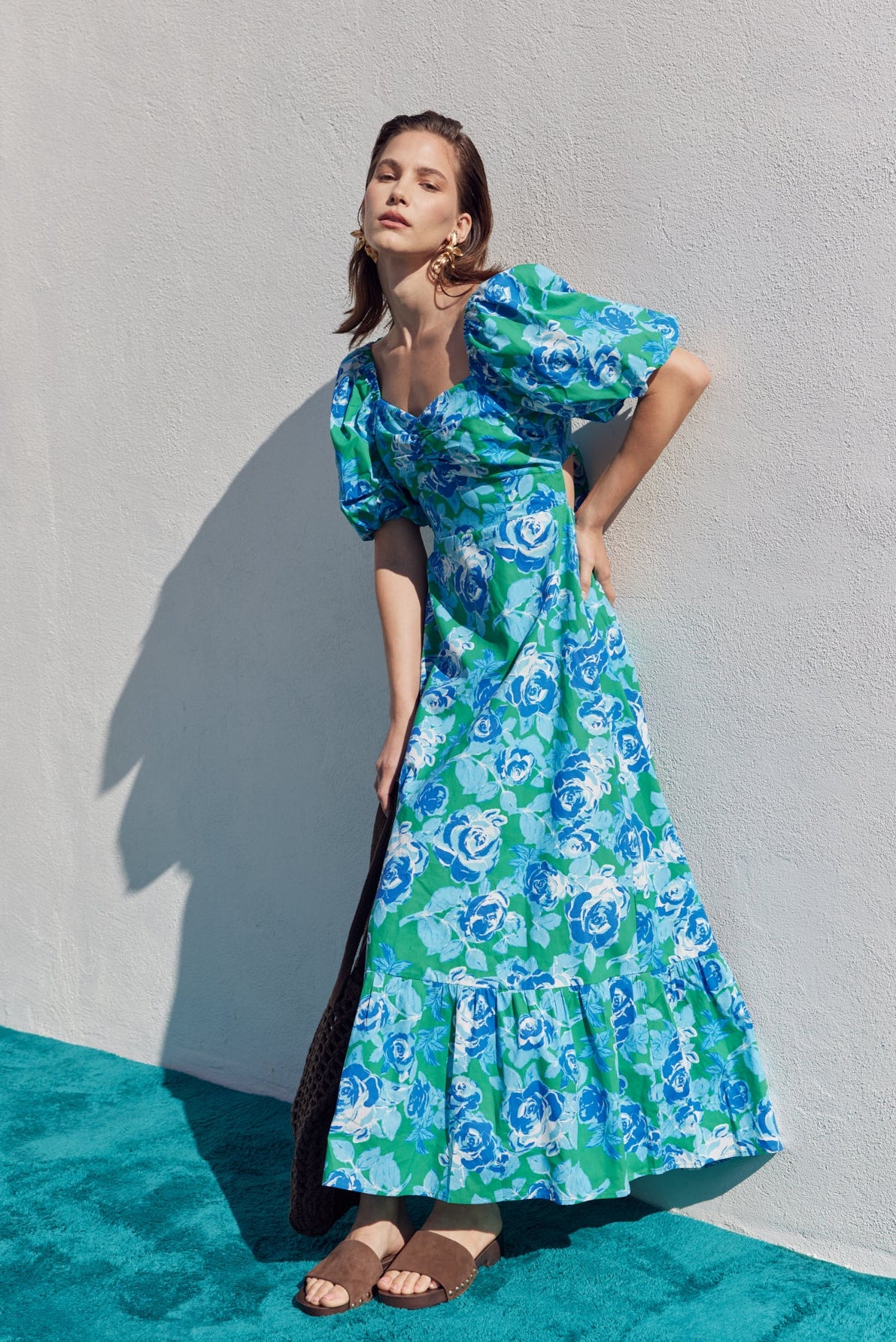 Floral Tie Back Puff Sleeve Maxi Dress – English Factory