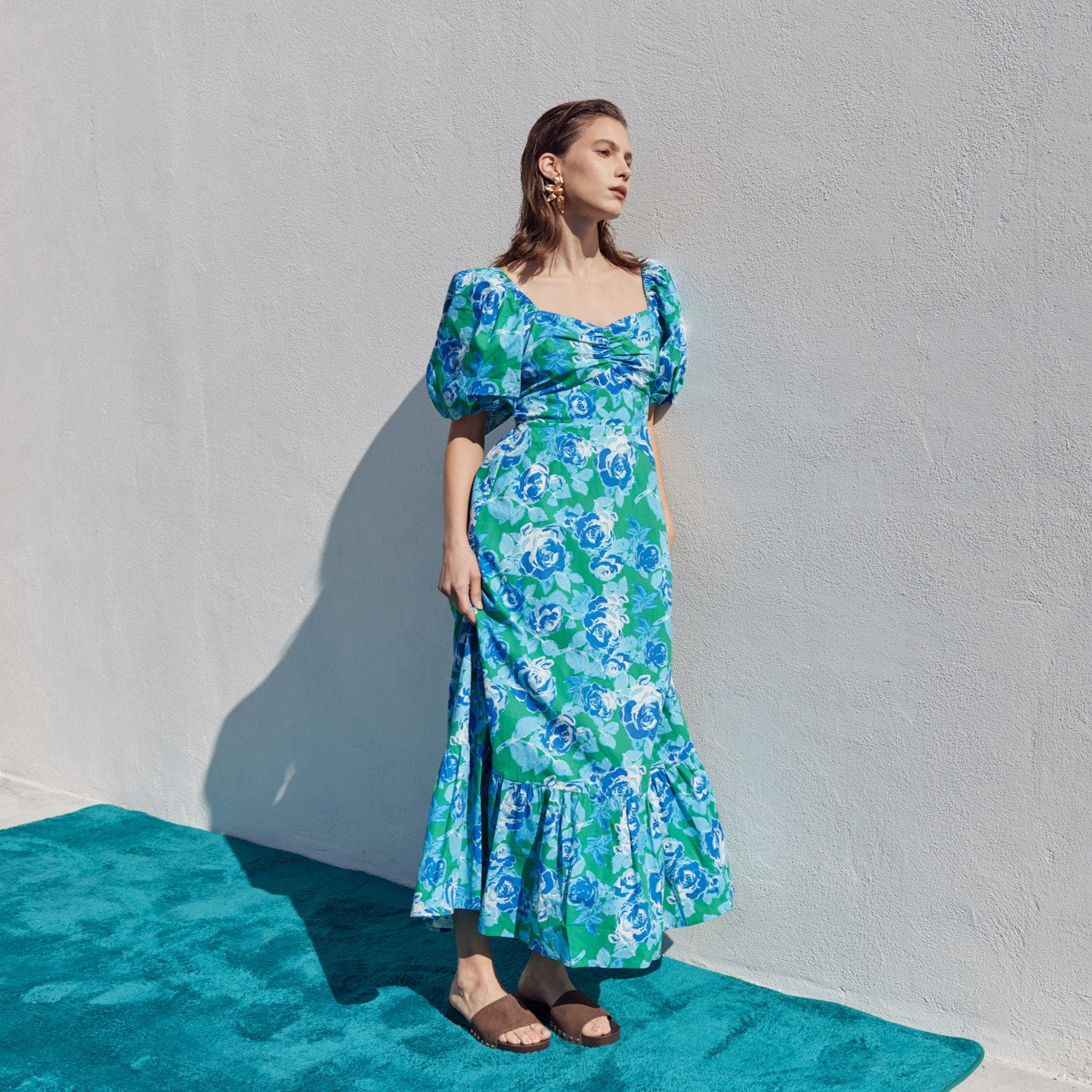 Floral Tie Back Puff Sleeve Maxi Dress