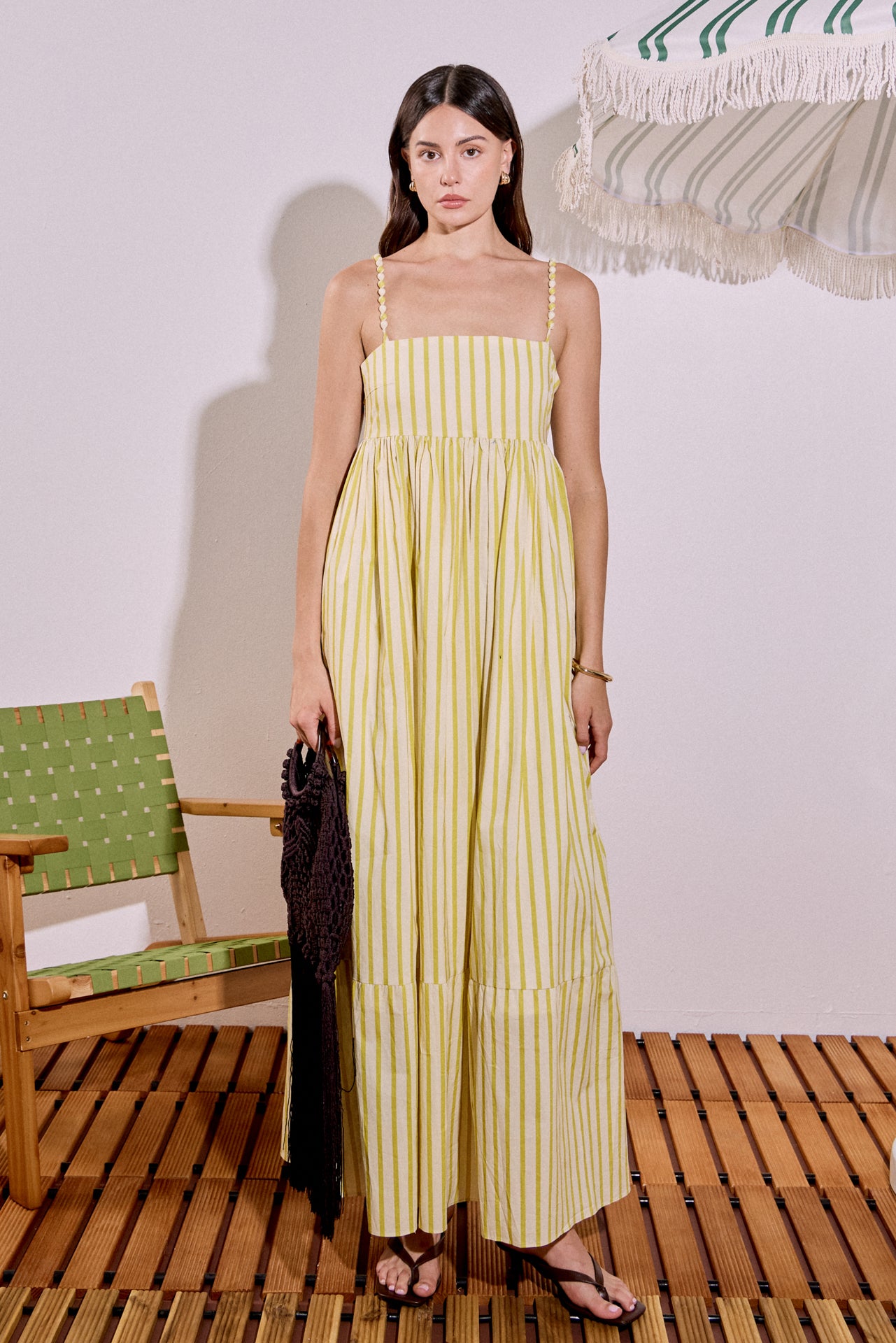 Beaded Strap Striped Maxi Dress
