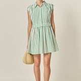 Emerald Stripe Pleated Shoulder Mini Dress